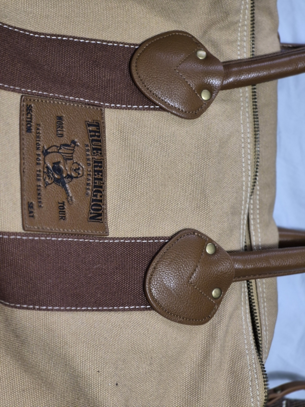 True Religion Tan and Brown Canvas Duffel Bag